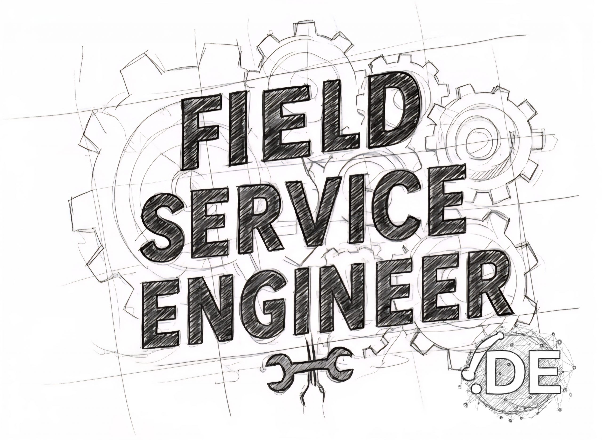 Eine Skizze in Bleistift mit Zahnrädern. Darauf der Text "Field Service Engineer.de"